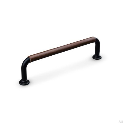 Burano Swept 128 oblong furniture handle, black metal with brown leather