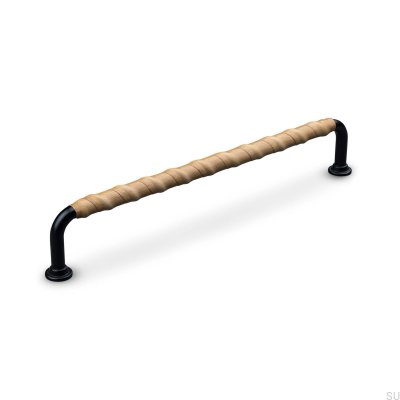 Burano Wrapped 192 oblong furniture handle Metal Black with Light Brown Leather