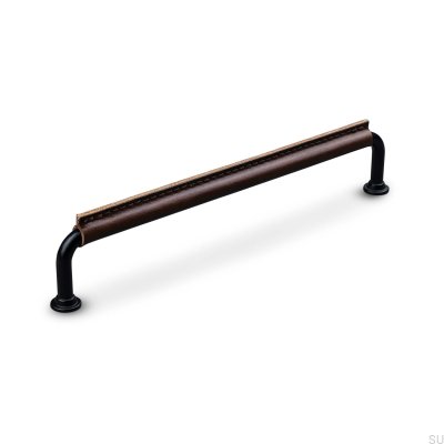Burano Stitched 192 oblong furniture handle, black metal with brown leather