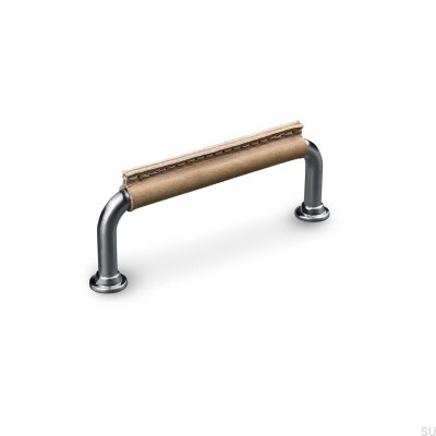 Burano Stitched 96 Silver Brushed Furniture Handle with Light Brown Leather