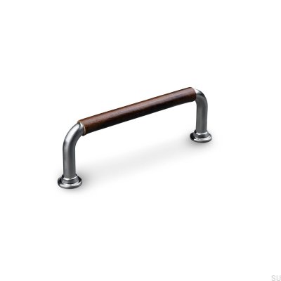 Burano Swept 96 oblong furniture handle, brushed silver with brown leather