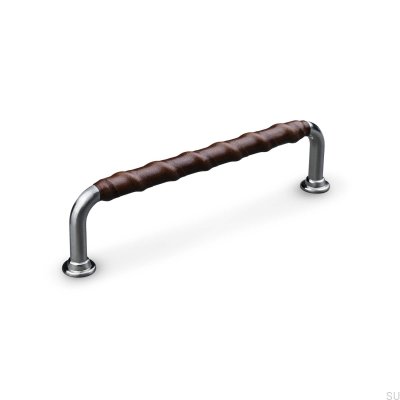 Burano Wrapped 128 oblong furniture handle Silver Brushed with Brown Leather