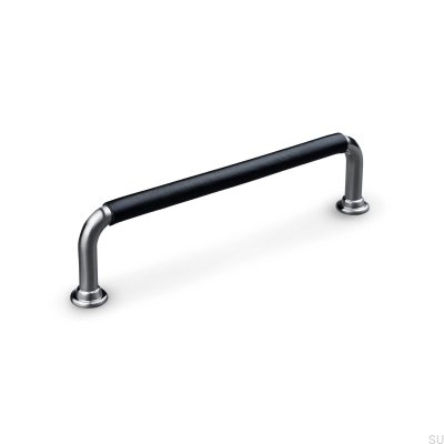 Oblong furniture handle Burano Swept 128 Brushed Silver with Black Leather