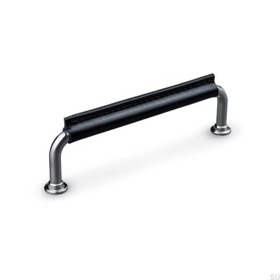 Oblong furniture handle Burano Stitched 128 Brushed Silver with Black Leather
