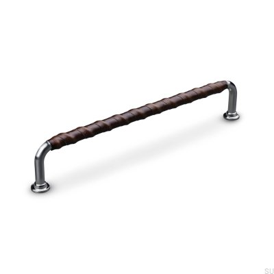 Oblong furniture handle Burano Wrapped 192 Brushed Silver with Brown Leather