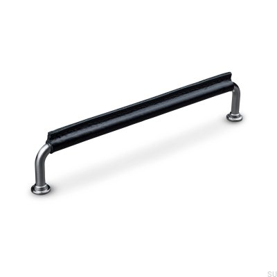Oblong furniture handle Burano Stitched 192 Brushed Silver with Black Leather