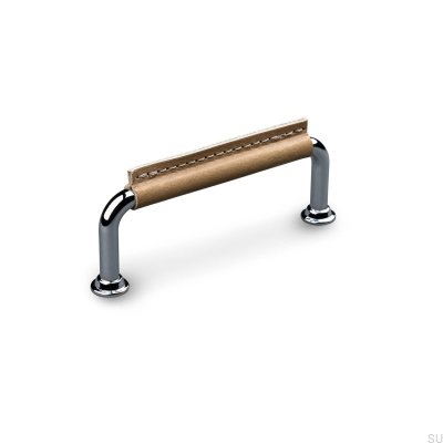 Burano Stitched 96 oblong furniture handle Polished Chrome with Light Brown Leather
