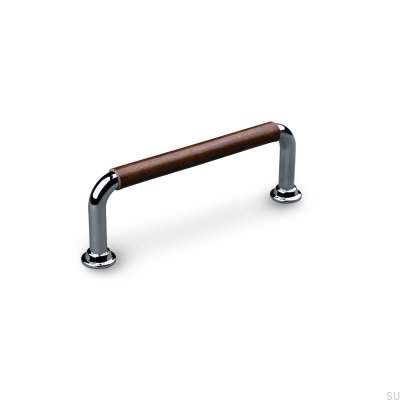 Burano Swept 96 oblong furniture handle Polished Chrome with Brown Leather