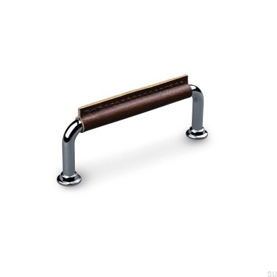 Burano Stitched 96 oblong furniture handle Polished Chrome with Brown Leather