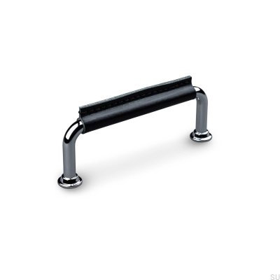 Burano Stitched 96 oblong furniture handle, Polished Chrome with Black Leather
