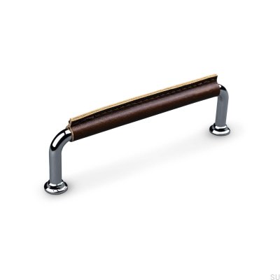 Burano Stitched 128 oblong furniture handle Polished Chrome with Brown Leather
