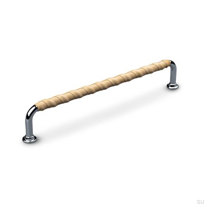 Burano Wrapped 192 oblong furniture handle Polished Chrome with Light Brown Leather