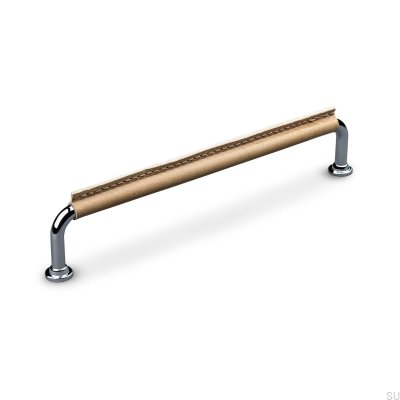 Burano Stitched 192 oblong furniture handle Polished Chrome with Light Brown Leather