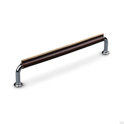 Oblong furniture handle Burano Stitched 192 Polished Chrome with Brown Leather