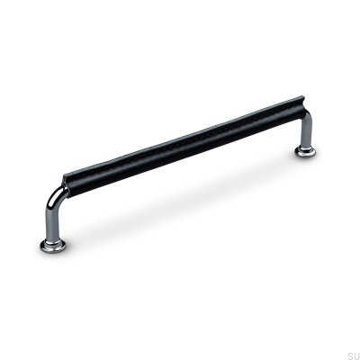Burano Stitched 192 oblong furniture handle Polished Chrome with Black Leather