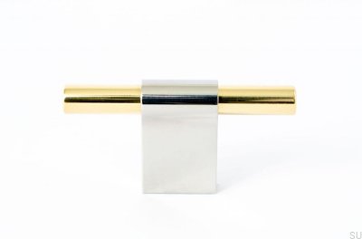 Furniture knob T-Bar Line Mix 60 Polished steel with polished brass