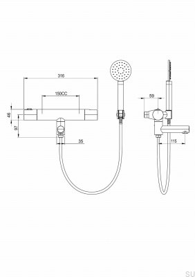 Wall-mounted thermostatic bathtub faucet ARM026-150 Matte Black Brass