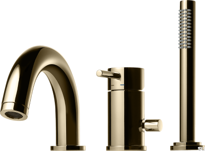 Three-hole bathtub faucet with spout and shower handset BI047, polished brass