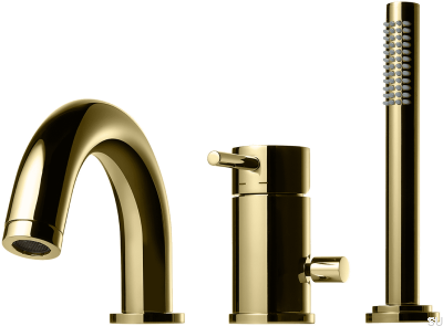 Three-hole bathtub faucet with spout and shower head BI047, Honey Gold Brass