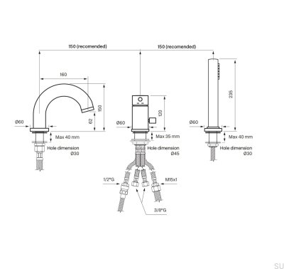 Three-hole bathtub faucet with spout and shower head BI047, Honey Gold Brass