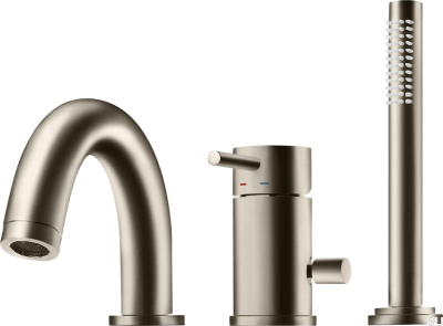 Three-hole bathtub faucet with spout and shower handset BI047, nickel-plated brass, brushed