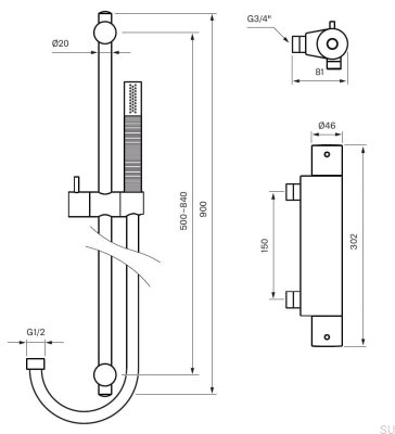 Shower set with thermostatic tap EVM168-150+ZSAL300 Brass Polished Unpainted