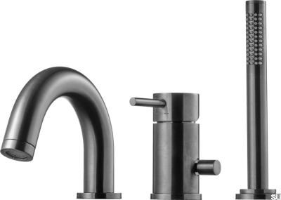 Three-hole bathtub faucet with spout and shower handpiece BI047 Brushed Black Chrome Brass