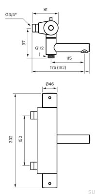 Thermostatic bath and shower faucet EVM022-150 Brass Black Brushed Chrome