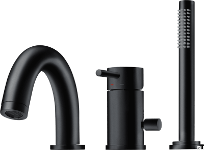 Three-hole bathtub faucet with spout and shower handset BI047, Matte Black Brass