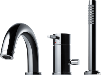 Three-hole bathtub faucet with spout and shower handset BI047, chrome-plated brass