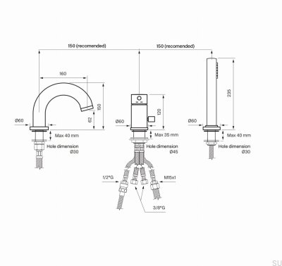 Three-hole bathtub faucet with spout and shower handset BI047, chrome-plated brass