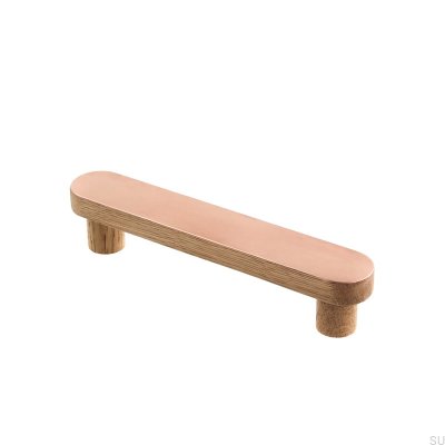 Copper Round 128 wooden furniture handle, oak, with brushed, unvarnished copper