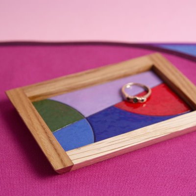 Scene Abstract with Red jewelry tray, wooden, enamelled 