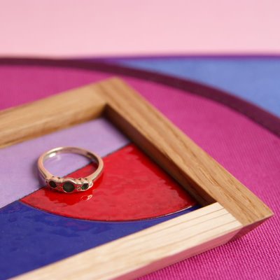 Scene Abstract with Red jewelry tray, wooden, enamelled 