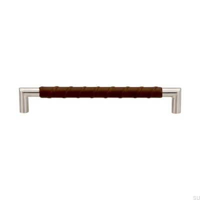 Oblong furniture handle Standard 12 192 Brown Leather. Stainless steel