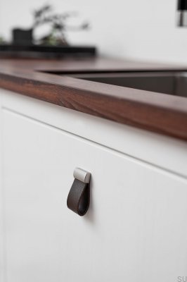 Furniture knob Strap 16 Leather Dark Brown with Silver