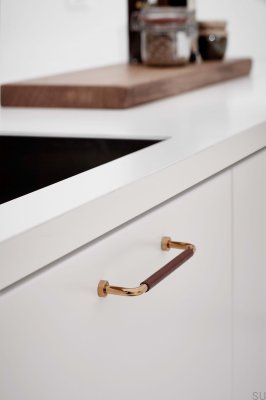 Lounge 160 Elongated Furniture Handle Brass Gold Polished with Brown Leather