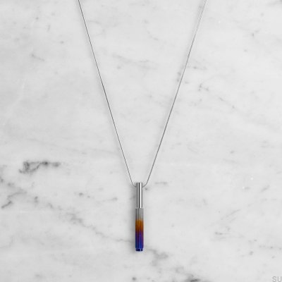 Linear Steel Burnt Steel Necklace with Vertical Pendant