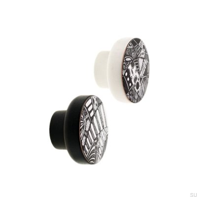 Furniture knob Kosmosy Black&White 40 Wooden Enameled White (pattern F)