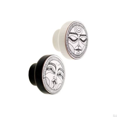 Furniture knob Faces Black&White 40 Wooden Enameled White (pattern H)