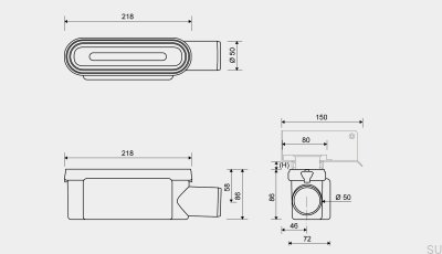 Drain module with 50 mm horizontal side outlet with removable siphon