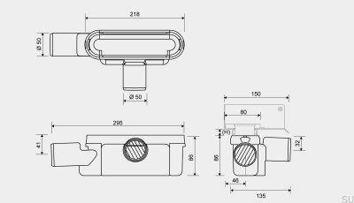 Drain module with two horizontal outlets 50 mm with removable siphon