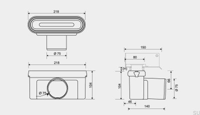 Drain module with horizontal outlet 75 mm with removable siphon for installation in wooden structures