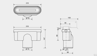 Drain module with vertical outlet 75 mm with removable siphon
