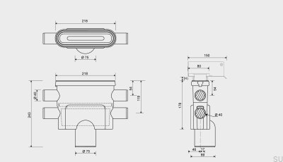 Drain module with vertical outlet 75 mm with removable siphon and four side connections