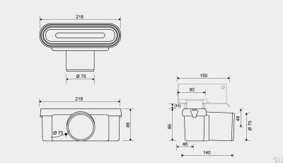 Drain module with horizontal outlet 75 mm with removable siphon