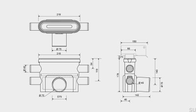 Drain module with horizontal outlet 75 mm with removable siphon and four side connections