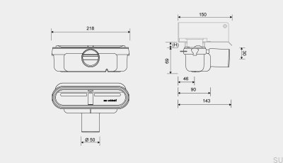 Drain module with horizontal outlet 50 mm with removable siphon and low mounting profile