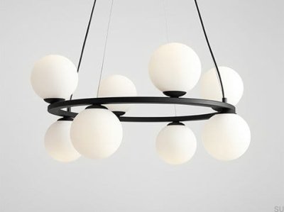 Krone 8 Metal Black Hanging Lamp with Milky Shade
