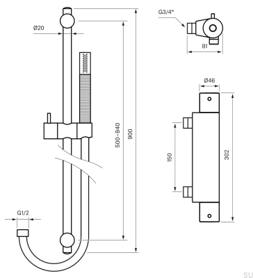 EVM168 shower faucet with ZSAL300 shower set, brass, black, brushed chrome